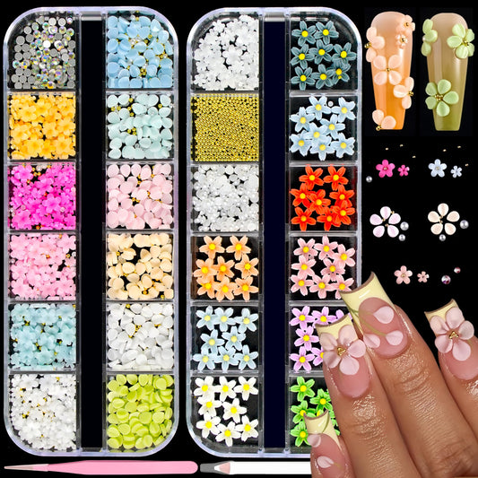2 Boxes 3D Flower Nail Charms Colorful Acrylic Flower Petals Floral Blossom Nail Rhinestones Colorful Floral Nail Gems Tiny Caviar Beads Pearl Rhinestones Manicure Decoration for Manicure Craft DIY