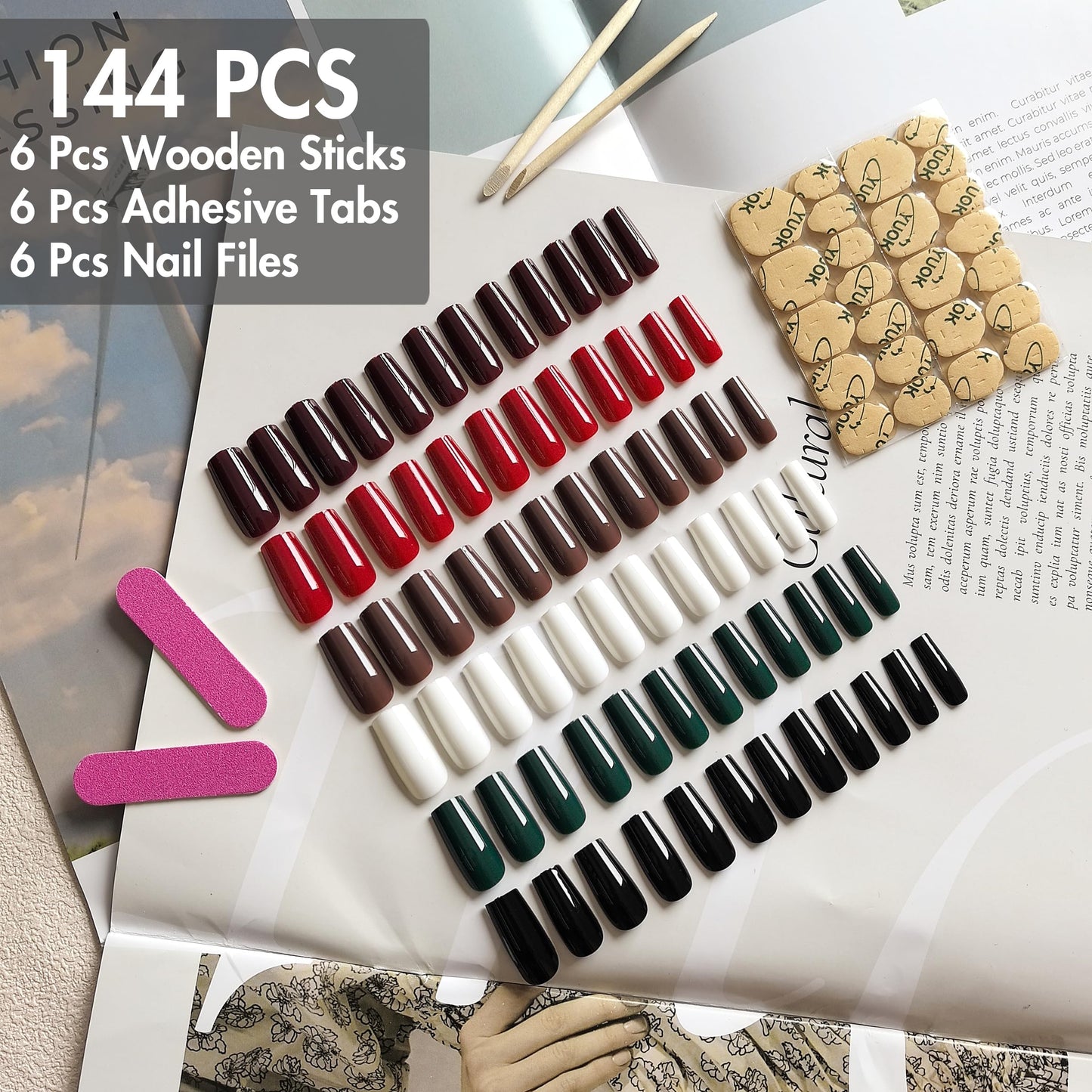 KQueenest 6 Packs Press On Nails Long, Acrylic Fake Nails Long Square, Natural Fit False Nails Press Ons, Dark Color Glue On Nails Medium Coffin for Women Valentine Day Gift Kit 144 Pcs