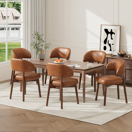 MALOL Wooden Dining Chairs Set of 6, Modern Upholstered Dining Room Chair, PU Leather Kitchen Side Chairs with Curved Open Back for Living Room/Restaurant/Cafe, Brown