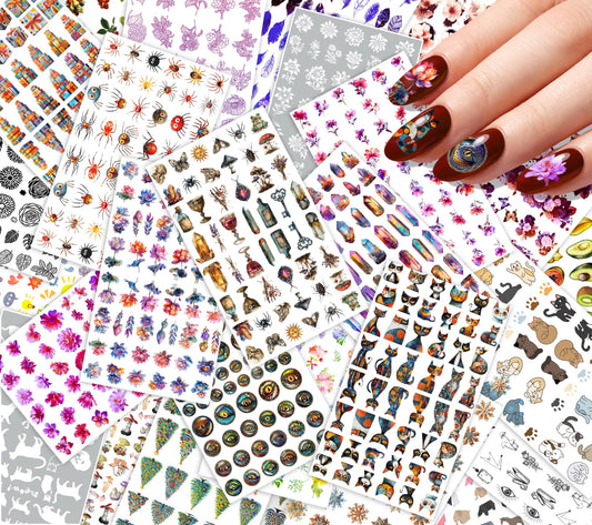 30 Sheets Nail Stickers Collection ~ Vintage Botanical ~ Flowers Insects Bottles Cats Crystals and Decorative Elements in Detailed Artistic Style Creating Eclectic Vintage Inspired Manicure Decals