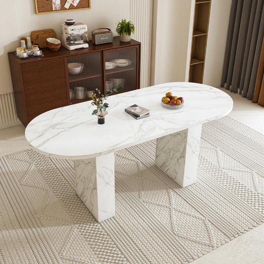 KEIKI 63" Oval Dining Room Table, Modern Farmhouse Dining Table for 6, Kitchen Table with Marble Top and Sturdy Wood Metal Base, Scratch Resistant Surface, White Marble