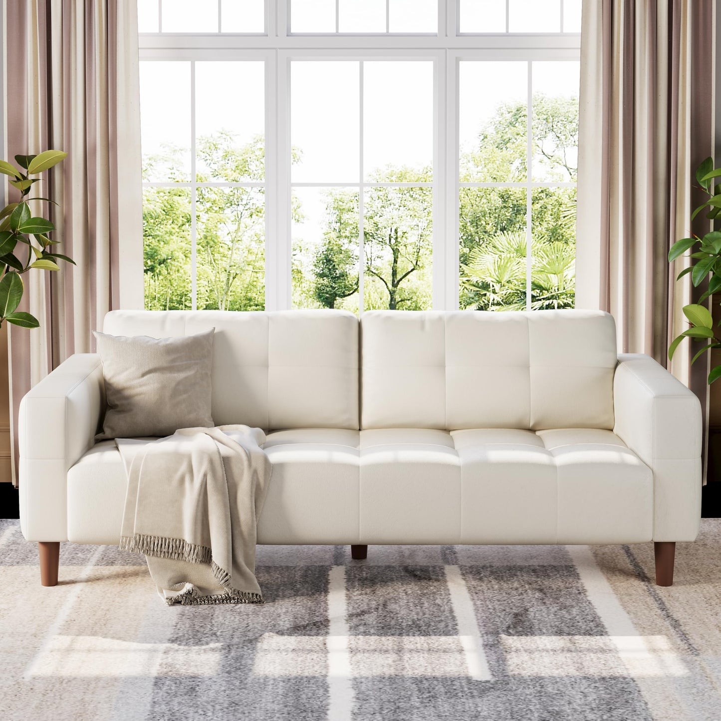 IDEALHOUSE 83” Beige Faux Leather Couch, 3 Seater Sofa Couches with 2 Removable Back Cushions for Living Room, Large Mid Century Modern Office Apartment Couch (Beige)