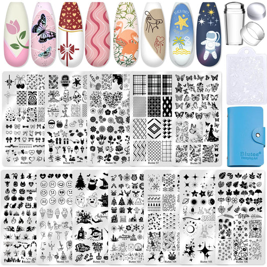 Biutee Nail Stamping Plate 16Pcs Nail Stamper Kit 12Pcs Nail Art Stamp Plates with Silicone Stamper, Scraper & Storage Bag, Stamping Plates Star Plaid Flower Butterfly Template Holiday Design Gift