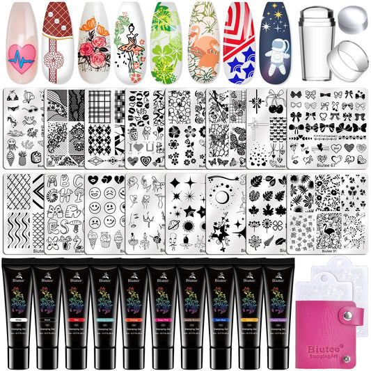 Biutee Nail Stamping Kit with 10 Stamping Gel Polish, 16 Nail Stamping Plate, Clear Jelly Stamper, 2 Scraper & Storage Bag, Floral Butterfly Geometric Beach DIY Nail Art Stamping Kit for DIY Manicure