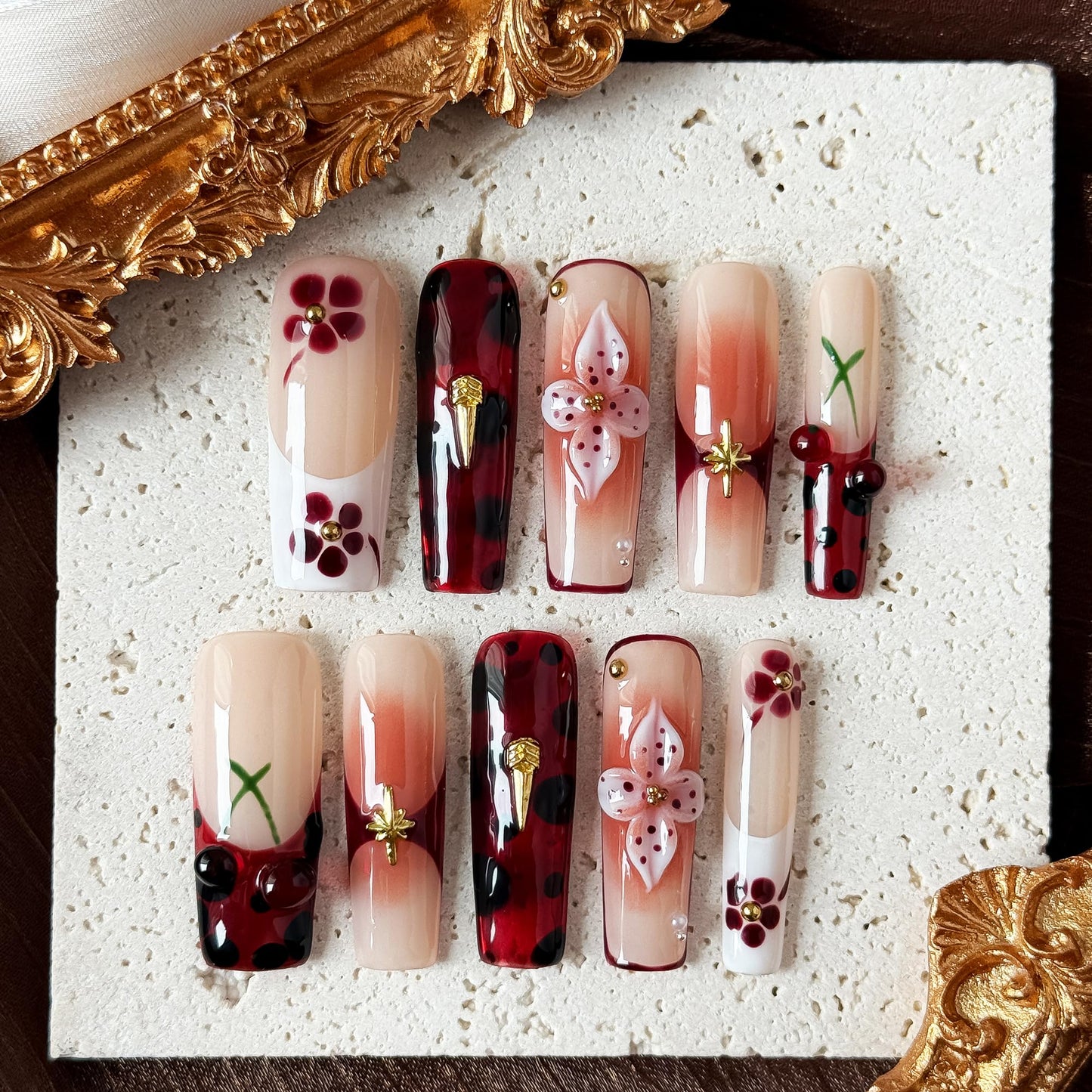 Rouge Sonata 10pcs Press On Nails for Women, Crimson Floral Golden Accent Acrylic UV Gel Wearable Nails, Korean Style Wine Red Gradient Cherry Blossom Fake Nails Set (Dark red, M)