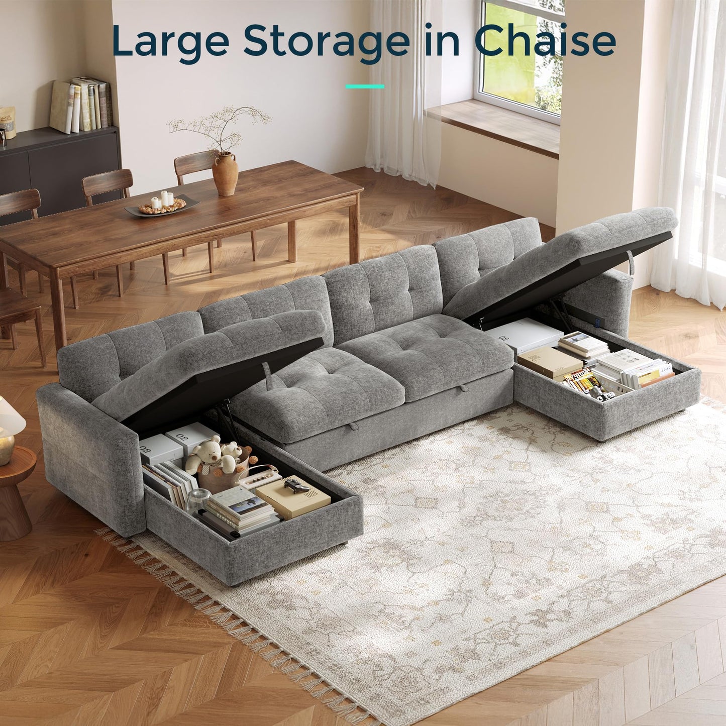 LINSY Oversized Sectional Sleeper Sofa 152" Pull Out Bed and Storage Chaise, Convertible Sofa Bed with Memory Foam Topper, Comfy U Shaped Modular Couches for Living Room Apartment Dorm Room, Grey