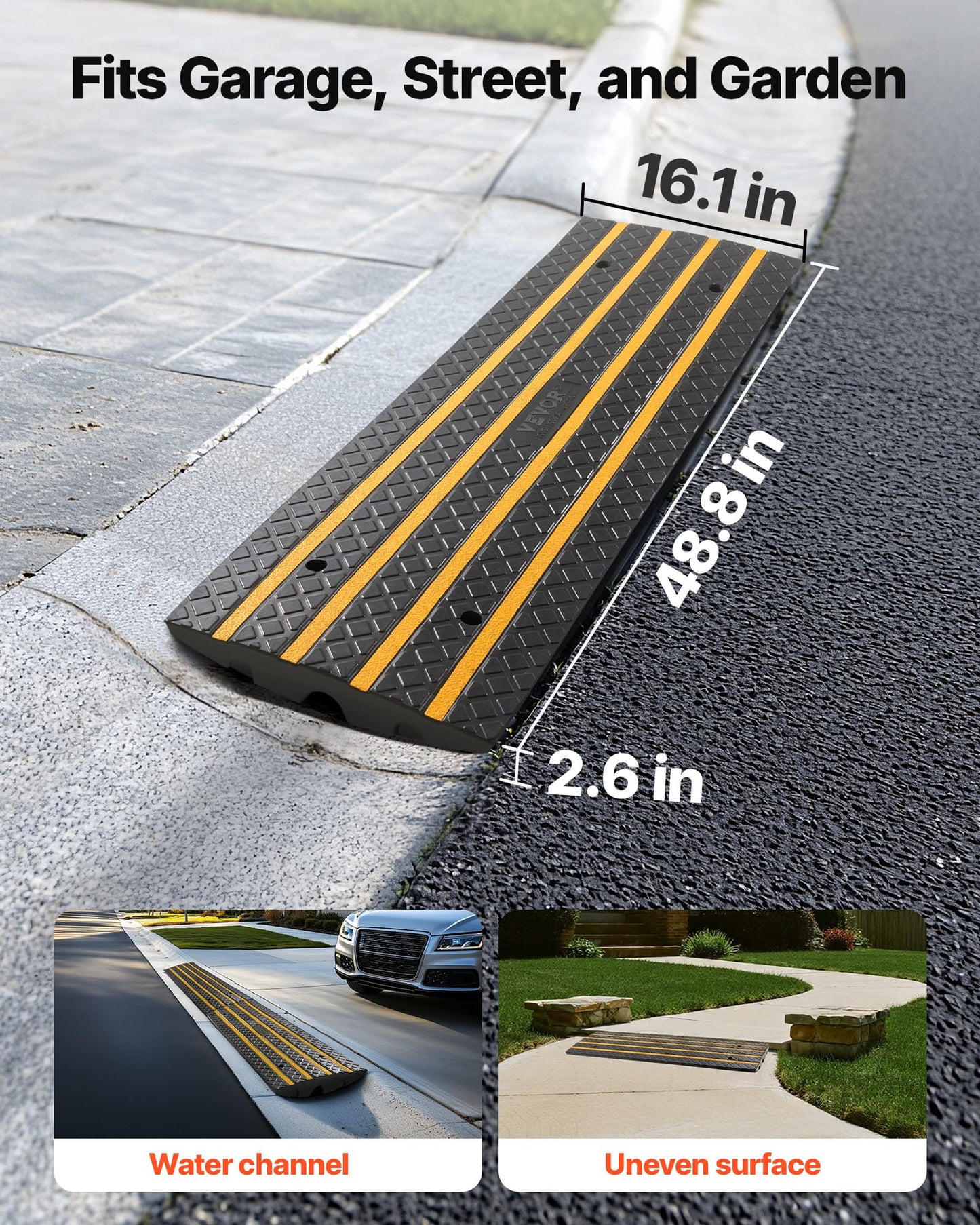 VEVOR Car Driveway Rubber Curb Ramp, 2 Pack 48.8-inch-Long Heavy Duty Low Profile Slope Ramps, 2.6’’ Rise, 33069 lbs Load Capacity, Reflective Safety Strips, for Vehicles, RVs, and Wheelchairs