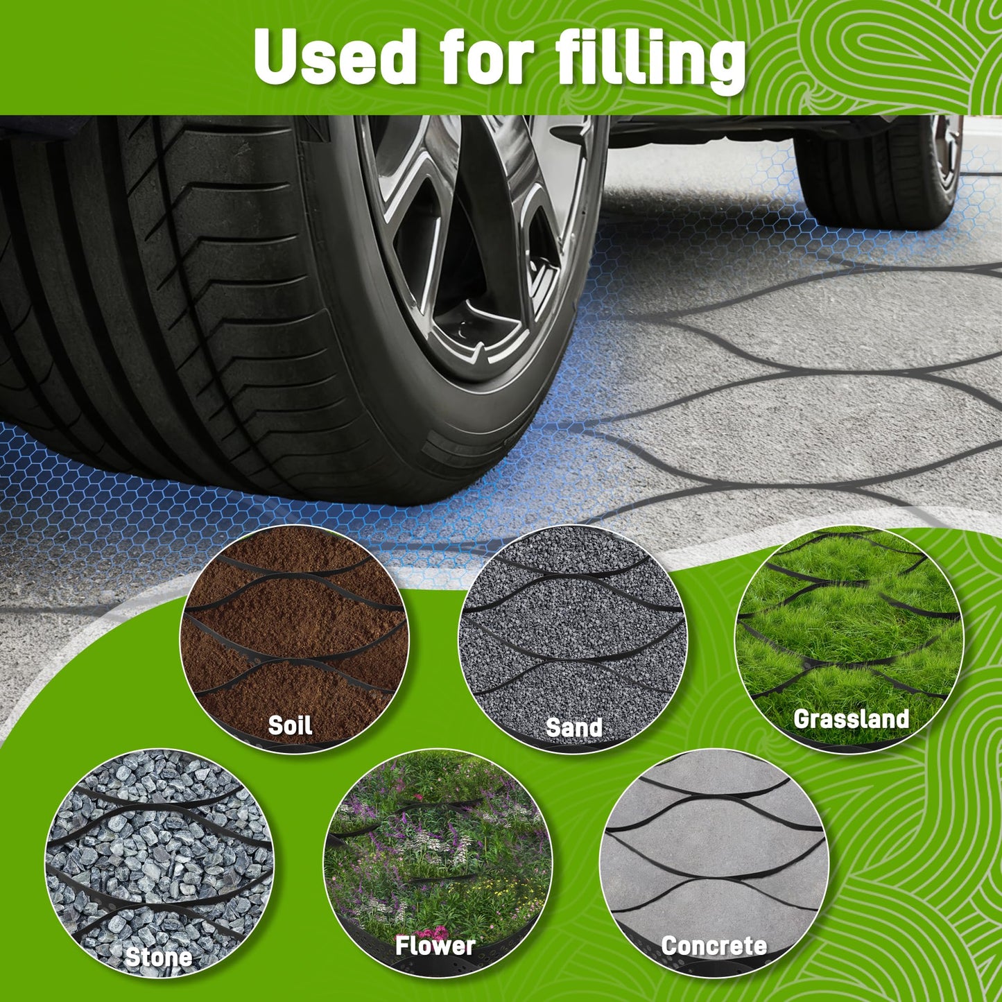 Sumloty Gravel Grid 4 x 11FT-2" Depth HDPE Geo Grid 1885 lbs Per Sq Ft Load with U-Shaped Stakes & Connectors for Driveway, Patio, Shed Base, Parking Lot, Grass Stabilization, Black
