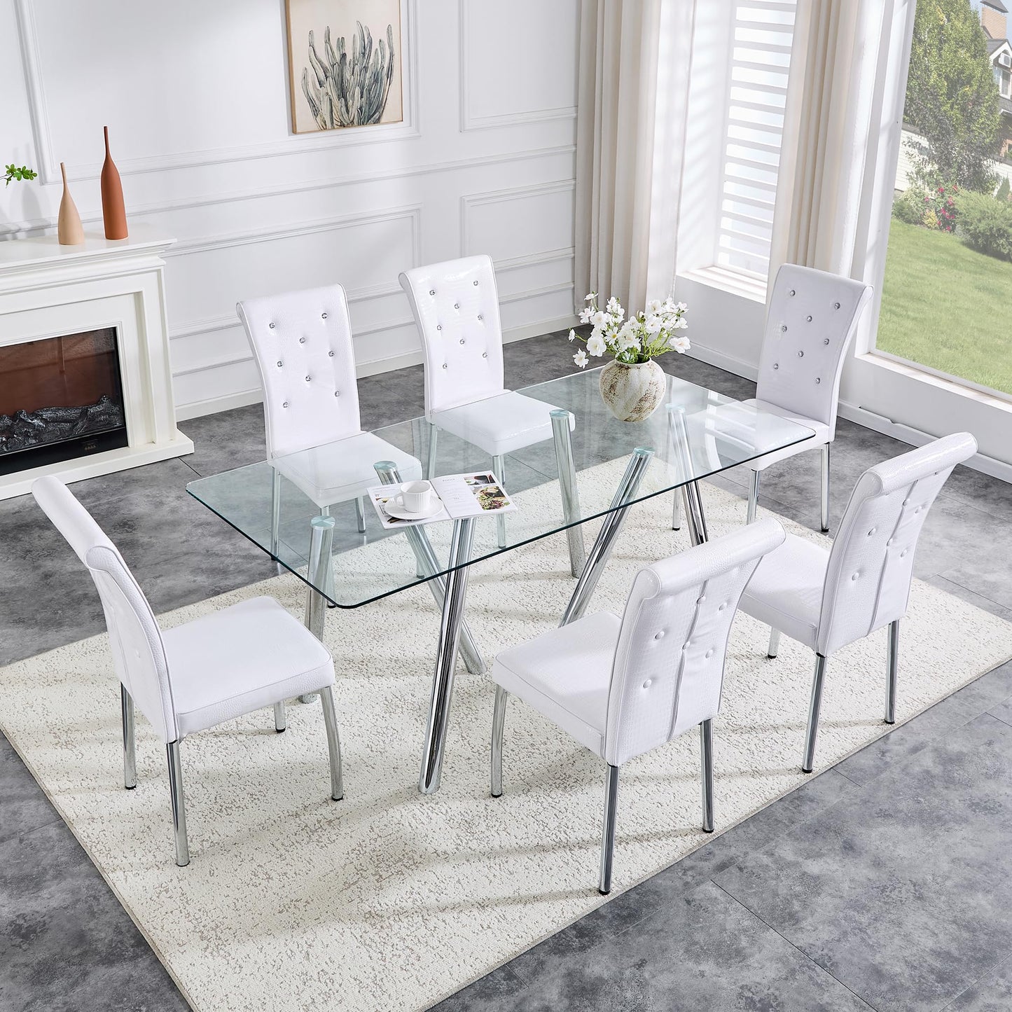 Vohward 71" Glass Dining Table Set for 6, 7 Piece Modern Tempered Glass Dining Room Table with 6 White Upholstered Chairs, Rectangular Kitchen Table Set with Chrome Metal Legs, 400 lb Capacity