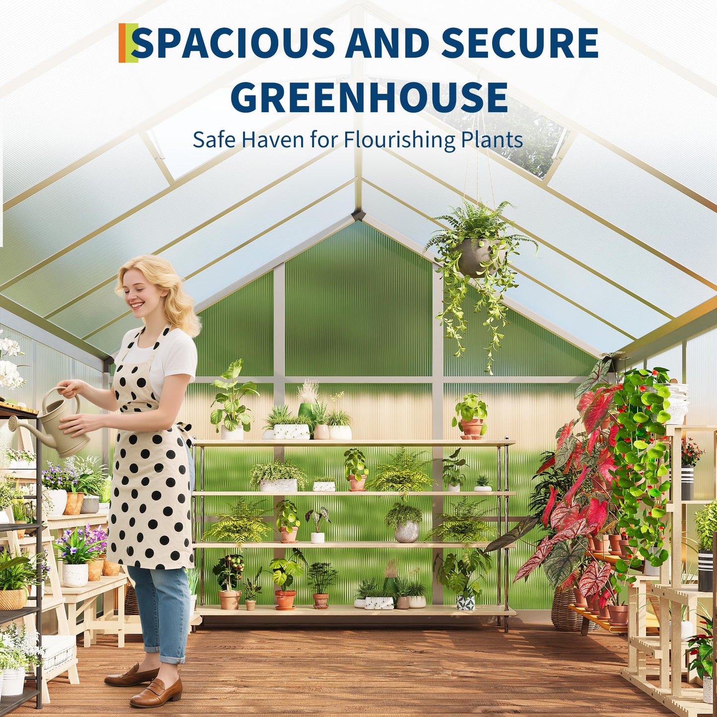 6X10 FT Greenhouse for Outdoors, Large Walk-in Polycarbonate Greenhouse Kit, Aluminum Frame, Lockable Door, Roof Vent, Ground Spikes, for Garden, Patio, Backyard, Outdoor Plant Growth