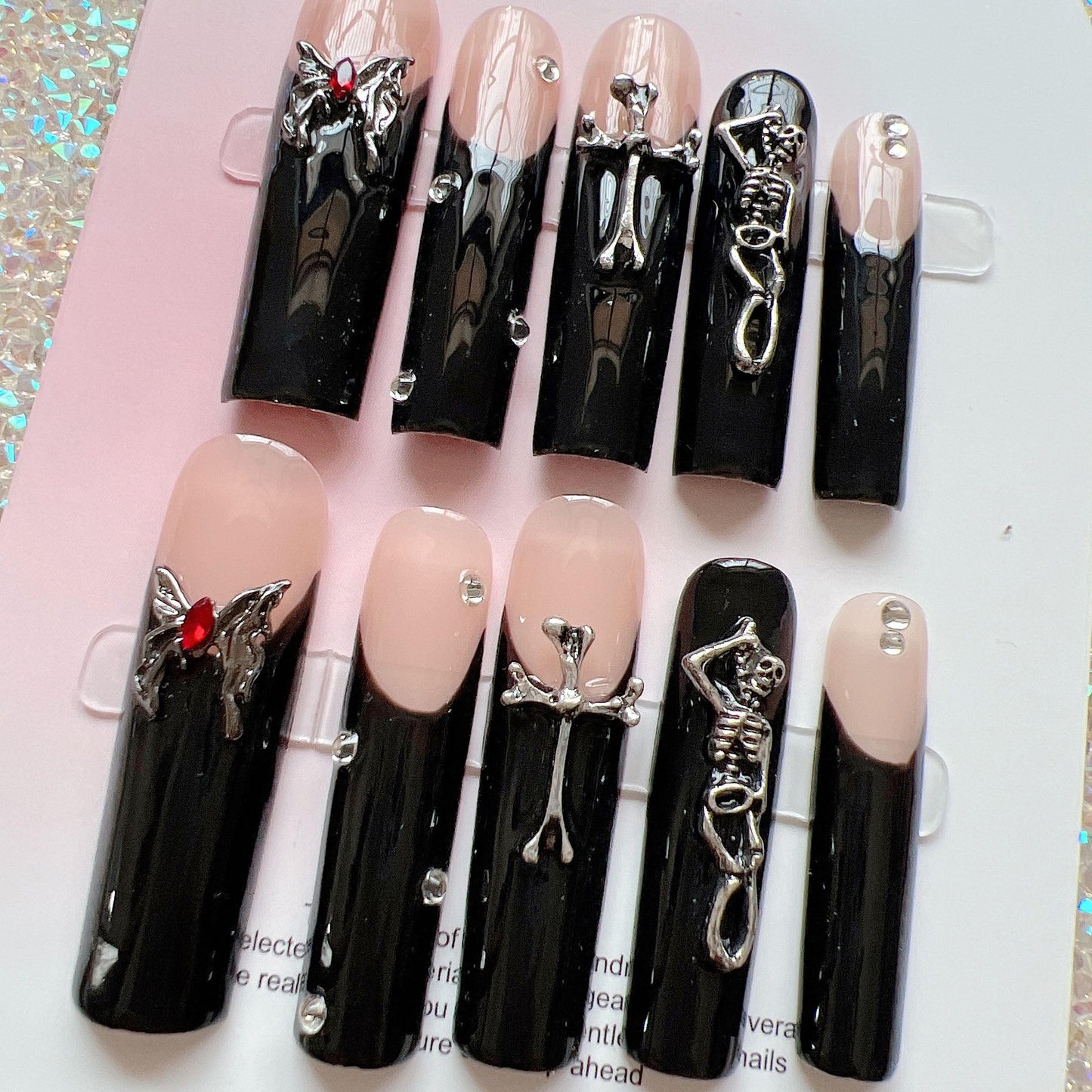 NAIL ANGEL 10PCS/SET Handmade Press On Nails Glitter Dark Metal 3D Cross Butterfly Charms French Style Long Coffin Nails Party Nails XXL Long Artifical Tips ZJ-11 (ZJ11, S)