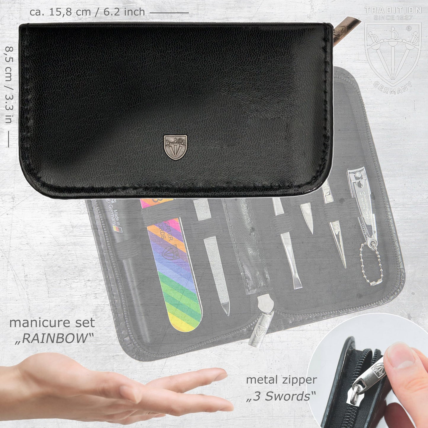 3 Swords Germany - Brand Quality 7-Piece Manicure kit with Rainbow Nail Buffer and Many More Tools in Black Artificial Leather case