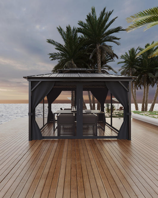 GarveeLife Hardtop Gazebo 10 ft x12 ft for All Weather, with Double Metal Roof, Aluminum Alloy Frame, Net, and Curtain, Permanent Building for Patio, Deck, Backyard, Lawn, and Garden