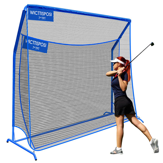 Golf Hitting Net with Extra Striking Net, 7x7ft Heavy Duty Golf Practice Net for Golfers Backyard Driving Swing, Golf Impact Net Cage Metal Frame with Storage Bag and Elevated Base, Indoor Outdoor Use