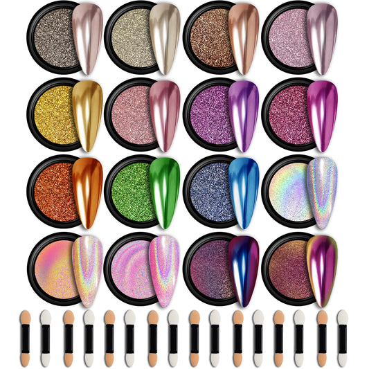 GELPARTY 16 Colors Chrome Nail Powder Set, Premium Mirror & Holographic Effect Pigment Metallic Gold, Silver, Chameleon, Aurora Nail Art Glitter Includes 16 Sponge Applicators for Gel Polish Design