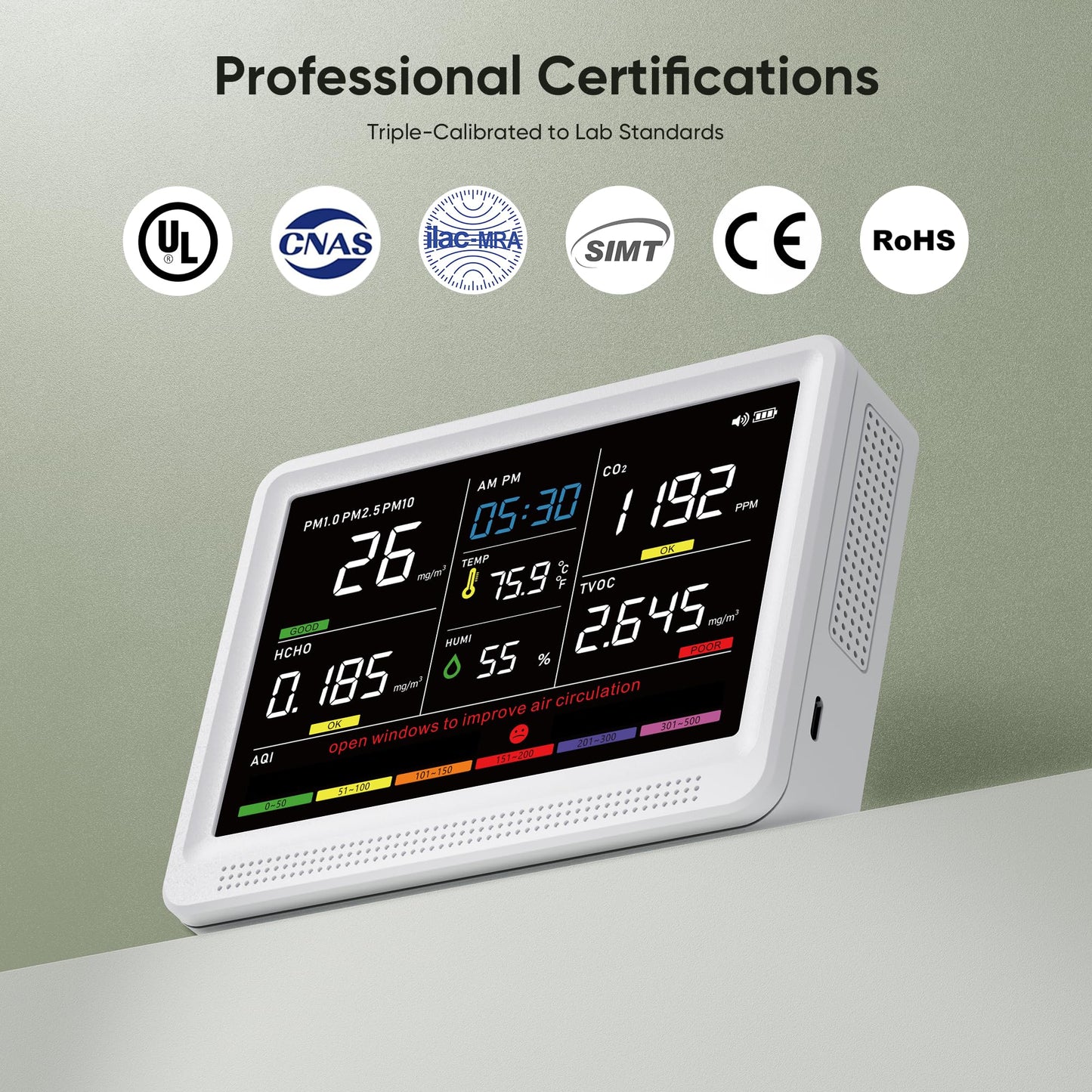bonoch 16 in 1 Air Quality Monitor Indoor 10h-Battery & 5.5" Display 9 AQI+7 AQI Alerts, CO2 Monitor, Air Quality Tester for CO2, TVOC PM2.5 PM1.0 PM10 HCHO Temperature Humidity AQI & Time Air Meter