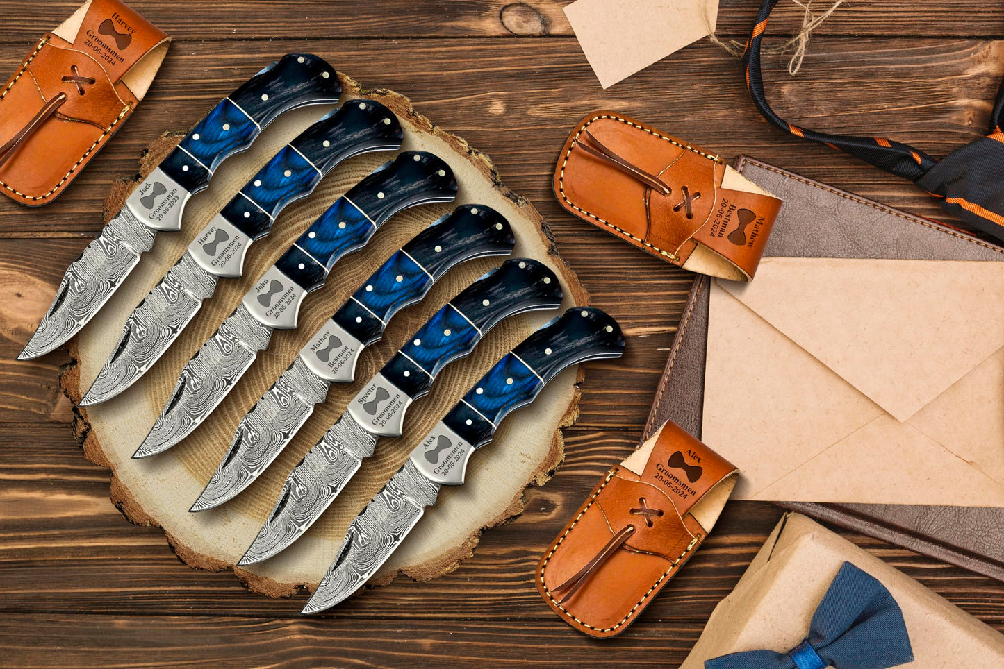 Set of 10 - Personalized Damascus Pocket Knife for Groomsmen -With Leather Sheaths - Custom Engraved Pocket Knives | Groomsman Gifts for Wedding, Groomsmen Proposal Gifts