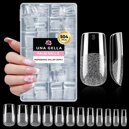 UNA GELLA Square Fake Nails, 504pcs Gel Nail Tips Clear Press on Nails Pre-shape for Full Cover Square Nails French False Nails For Nail Extension Nail Art Home DIY 12 Sizes False Gelly Tips