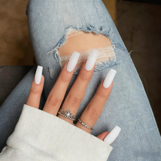 Matte White Press On Nails Medium Long Square, Xcreando Medium Coffin Nails Acrylic Press ons Glue on Nails, Solid Color Fake Nail for Women, Natural Thick Artificial Stick on