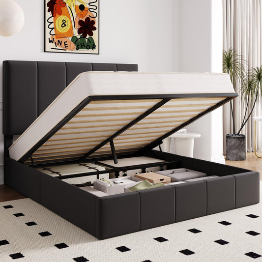 Allewie Full Size Velvet Lift Up Storage Bed Frame, Vertical Channel Tufted Headboard, Hydrualic Underneath Storage, Upholstered Platform Bed, Wooden Slats Support, No Box Spring Needed, Black