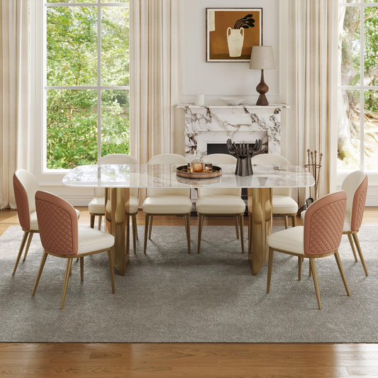 Rectangular Dining Table for 8-10 People, 79 inch Luxury Kitchen Table with Sintered Stone Tabletop and Gold Metal Base, Modern Dining Room Table for Kitchen Living Room (Table Only)