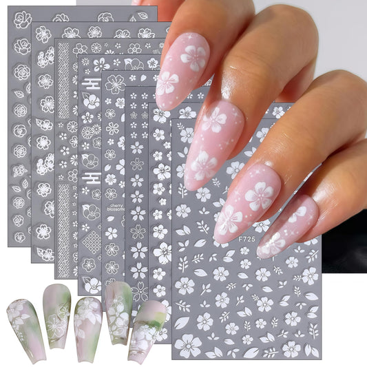 8 Sheets White Flower Nail Art Stickers Flower Daisy Nail Decals 3D Self-Adhesive White Cherry Blossom with 5 Petals Floral Lace Design Women's Nail Art Decoration Supplies