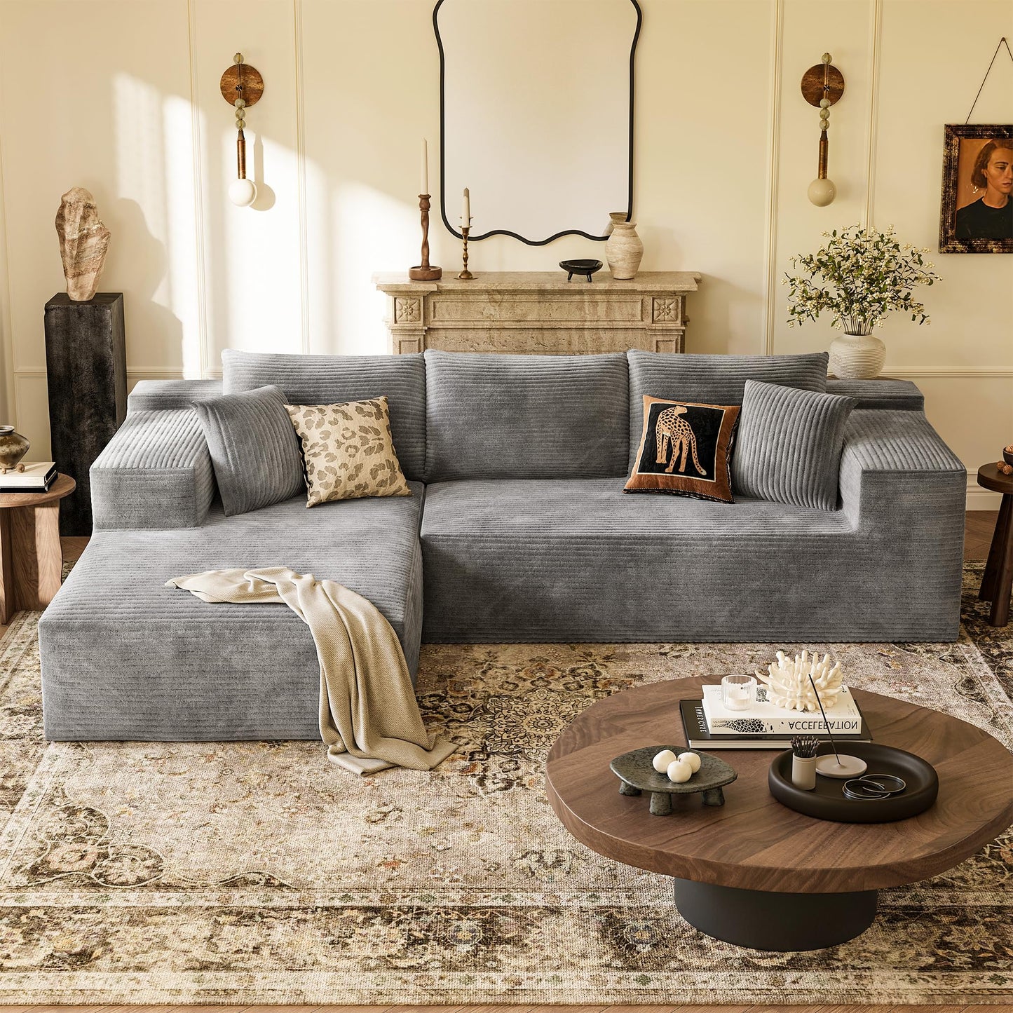 YESHOMY Boneless Couches for Living Room, 108" Sectional Modular Sectional Sofa with Deep Seat, Cloud Comfy Couch with L-Shape Chaise, Easy Assembly (Corduroy, Gray)