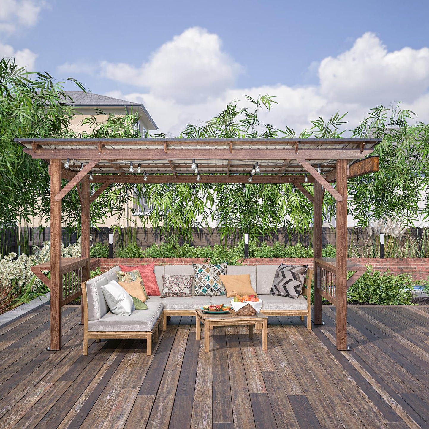 KEIKI 13' x 6.5' Wooden Grill Gazebo Metal Roof, Bulbs, Bar Counters, Patio Hardtop Grill Pergola, BBQ Canopy for Outdoor Patio, Lawn, Garden, Backyard