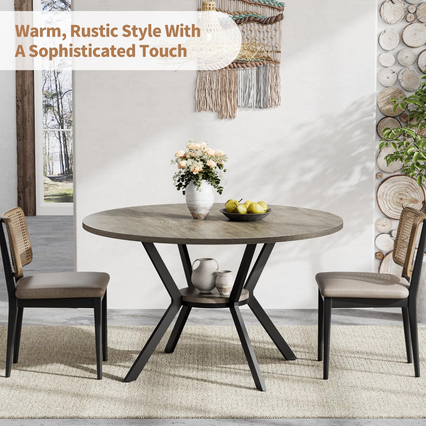 Round Dinner Table for 2-4, 42 Inch Kitchen & Dining Room Table with Storage, Wooden Circle Dining Table, Mid Century Modern Dining Table with Metal Legs for Kitchen, Living Room, Dining Room, Grey