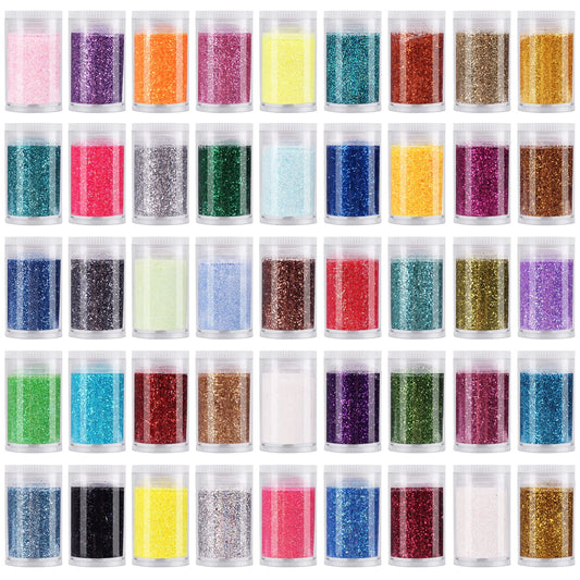 Pack of 45 Colors Iridescent Fine Glitter,Licool Extra Fine Holographic Glitter for Epoxy Resin DIY Craft,Nail Art,Body Hair Face Make up Powder,Slime Candle Tumbler Making Metalic