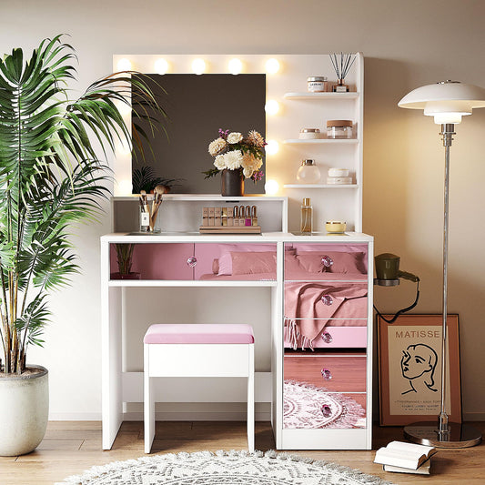 Merax Vanity Desk with Mirror and Lights, Pink Makeup Vanity Set with 9 LED Bulbs and Power Outlet, 6 Storage Drawer & Shelves, Dressing Table Set with Pink Vanity Stool for Girls & Women
