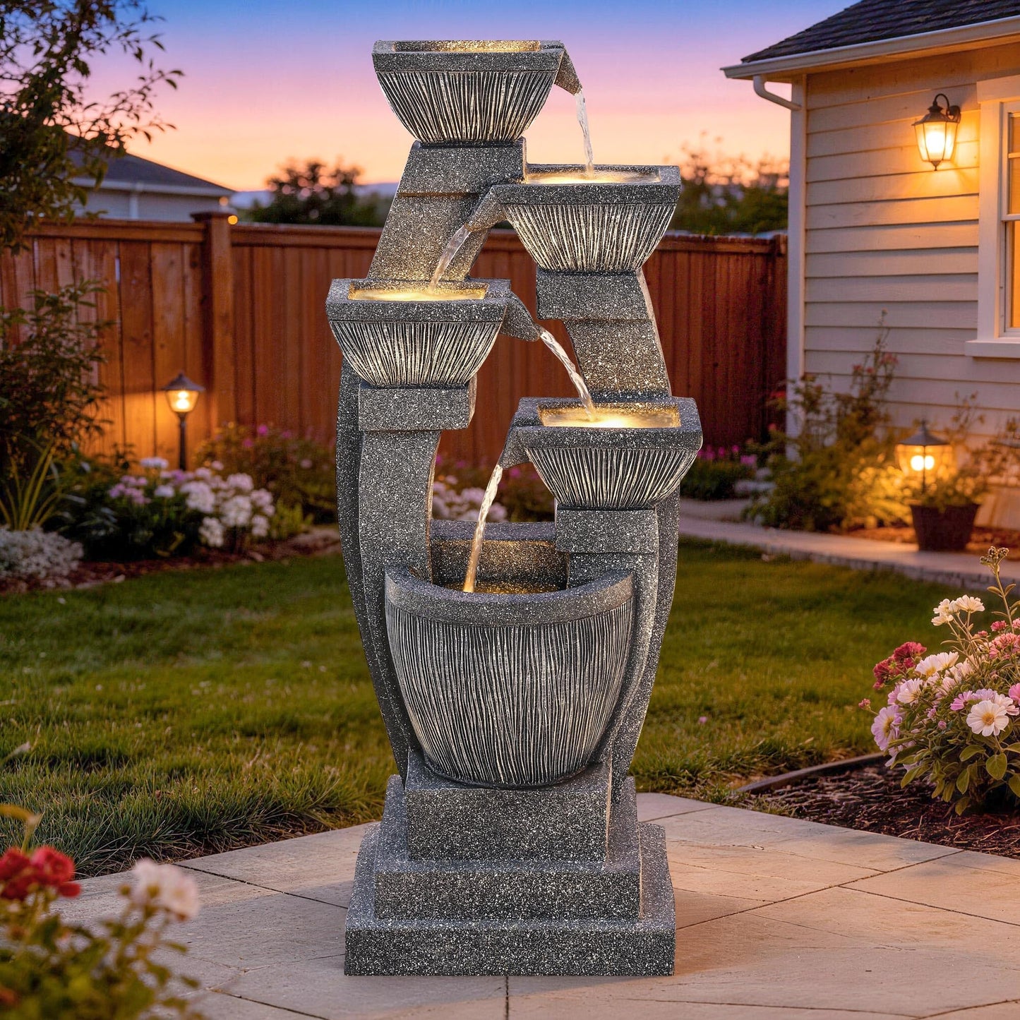 Ultym 40.5" Outdoor Fountain, Four-Column & Bowls Water Feature with LED Lights, Modern Resin Soothing Cascading Waterfall for Patio, Backyard, Garden or Porch