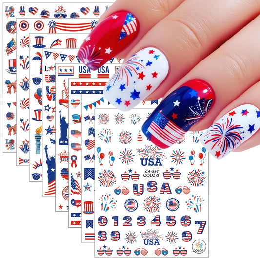 8Sheets 4th of July Nail Art Stickers American Flag Patriotic Nail Decals,3D Self-Adhesive Independence Day Nail Stickers Stars Stripes Eagle Nail Design Memorial Day Nail Supplies for girl Nail Decor