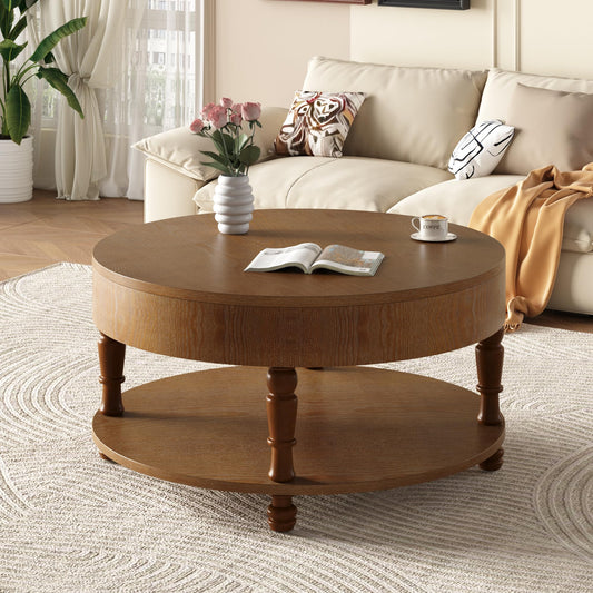 Hayzz Round Coffee Table with Storage 31.5 Inch, Modern Lift Top Accent Coffee Table with Hidden Compartment & Lower Shelf, Adjustable Leveling Feet, Easy Assembly for Living Room, Walnut Brown