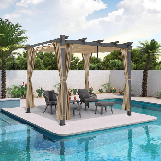 PURPLE LEAF 10' X 10' Outdoor Pergola with 4-Sided Curtains Retractable Canopy Patio Aluminum Sun Shade for Garden Deck Porch Gazebo Pavilion Grill Modern Yard Grape Trellis Pergola Beige