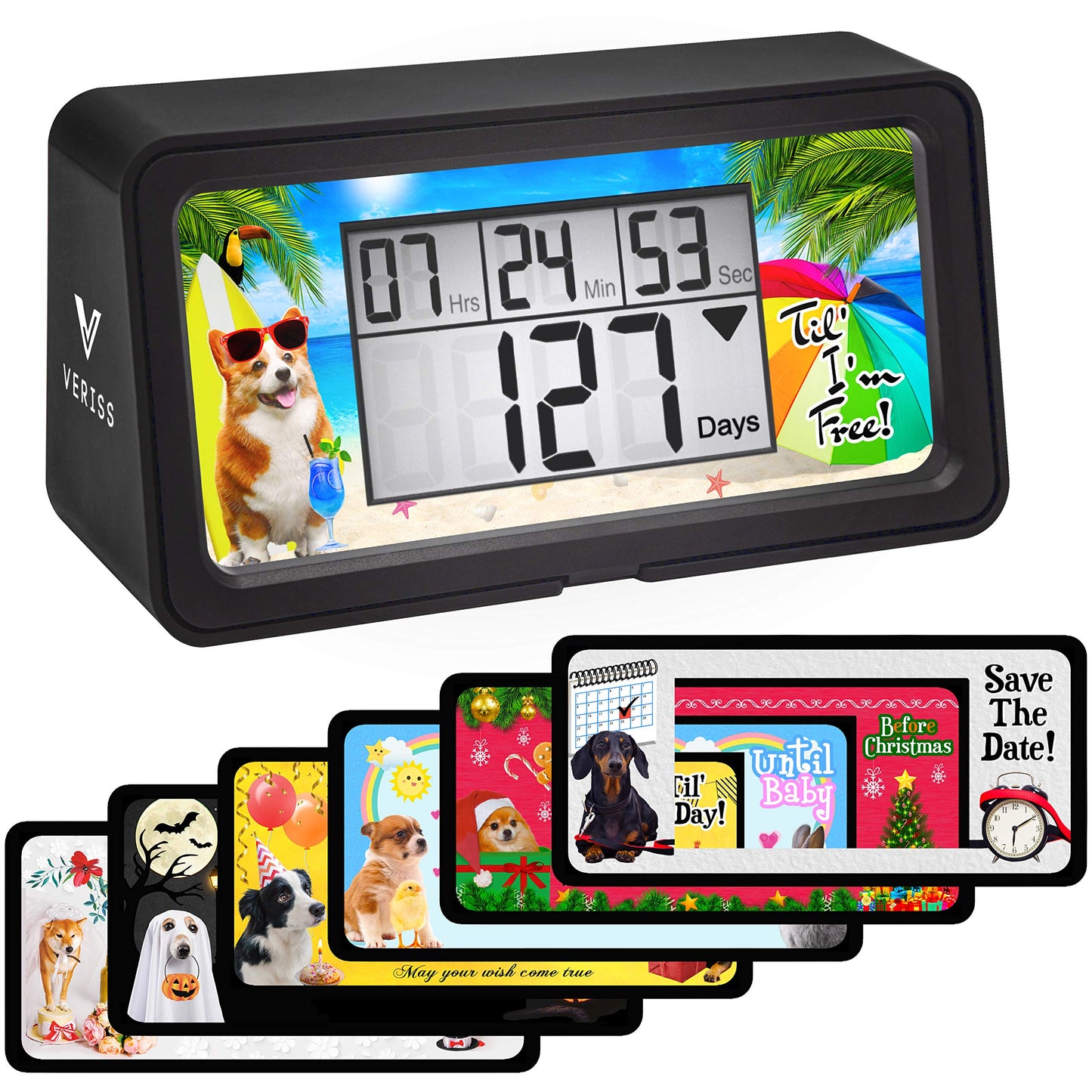 Veriss Digital 9999 Days Countdown Clock Timer with Backlight - Count Down Your Retirement, Wedding, Christmas, Vacation and All Calendar Event Dates in Your Life - Dog Collection (Black - 8 Frames)