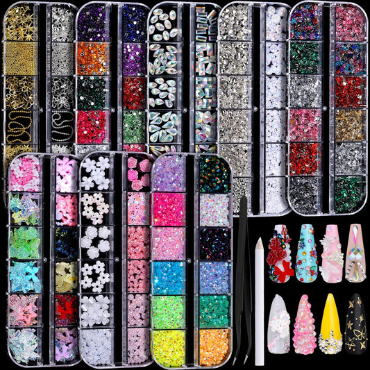 FANDAMEI Nail Charms, Nail Rhinestones Kit with 8 Boxes of Nail Gems, Bedazzling Kit for Nails, Colorful Clear Flatback Rhinestones, Charms Y2K for Nails, Multi Shape Nail Art Accessories for Crafts