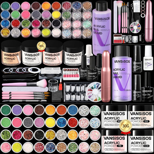 VANSISOS Professional Acrylic Nail Kit with Drill: Complete Nail Kit with Everything Acrylic Powder and Liquid Set with Glitter Powder Brushes X-Strength Primer for a DIY Home Salon Experience