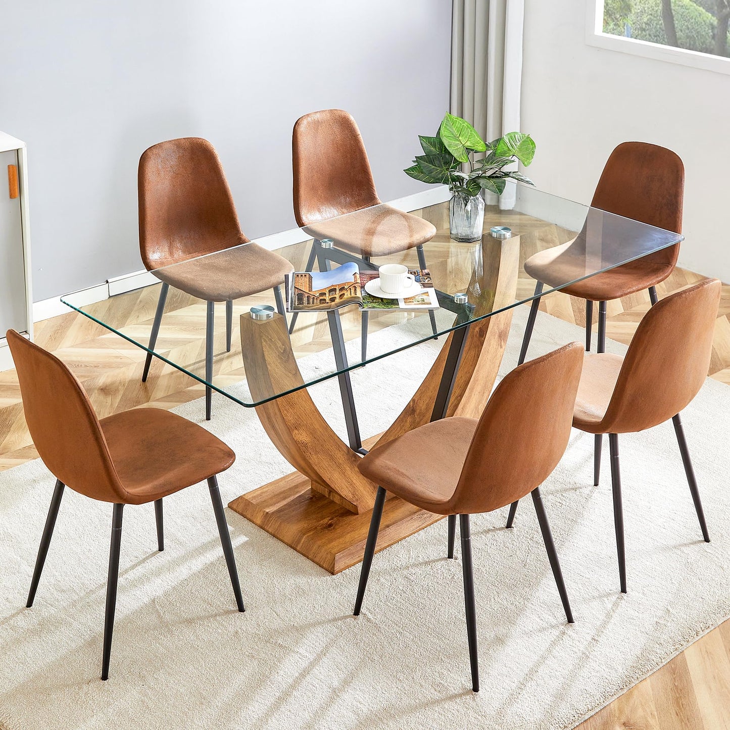 JEARGE 71" Glass Dining Table Set for 6, 7 Piece Dining Table Set,Tempered Glass Table Top with U-Shaped Legs and Fabric Dining Chairs,Ideal for Kitchens, Living Rooms (Brown Chair, 1 Table+6 Chairs)