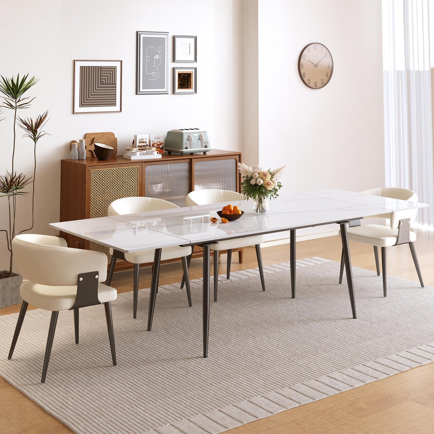 NessCarsti 62.9"–94.4" Extendable Sintered Stone Dining Table for 6–10, Modern White Rectangular Kitchen Table with Stainless Steel Legs, Scratch-Resistant & Heat-Resistant, Patio & Backyard Furniture