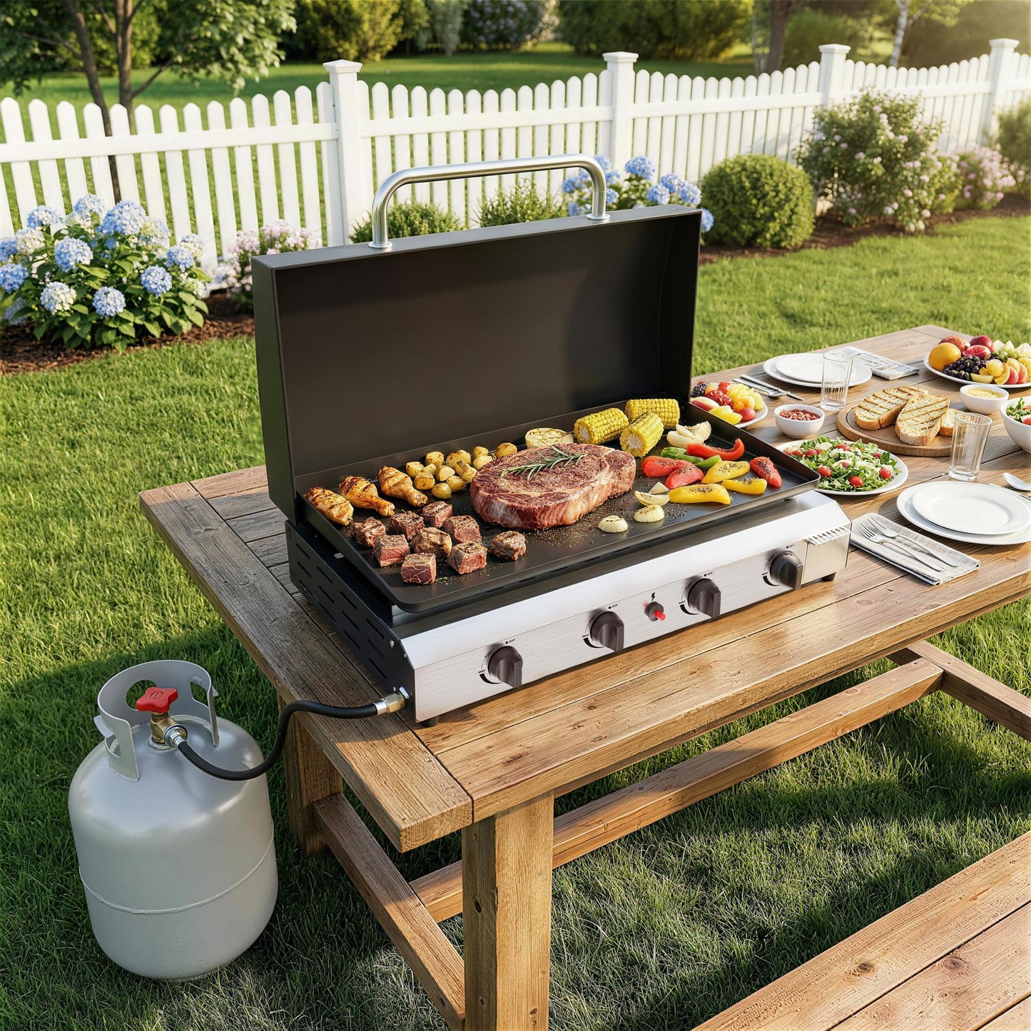 ADREAK 4 Burner BBQ Gas Griddle with Hood, 30 Inch Stainless Steel Portable Detachable Propane Griddle, 60,000 BTU Flat Top Barbecue Grill with Lid for Camping