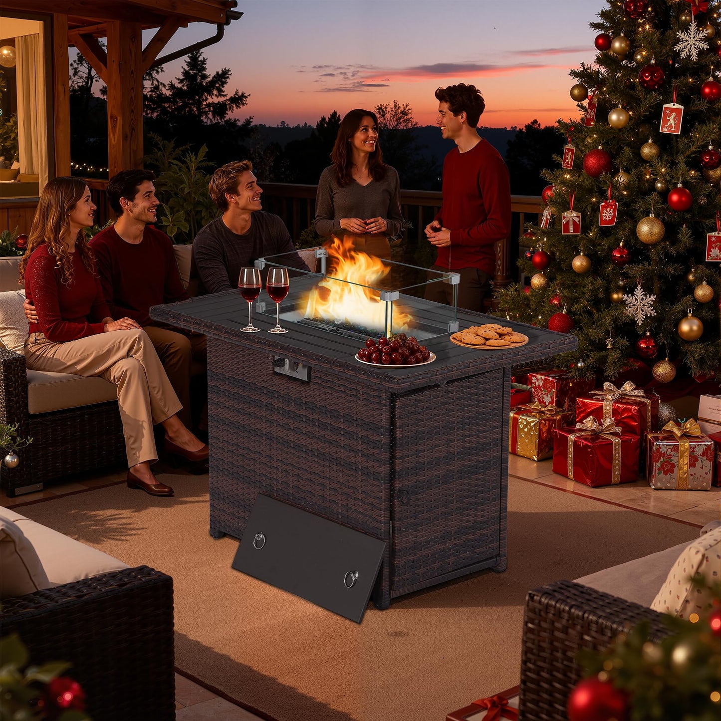 EortheX 44 Inch Propane Fire Pit, Steel Gas Fire Feature Table with Iron Lid,Glass Rock, Rain Cover and Tempered Glass Wind Guard for Outside Garden Backyard Deck Patio