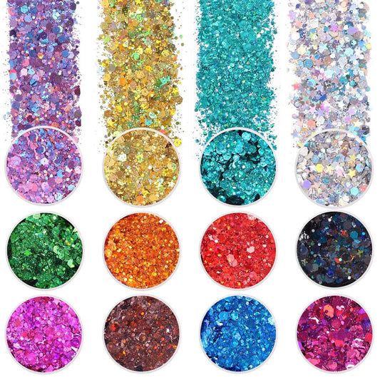 Holographic Chunky Glitter, Set of 12, Licool Craft Glitter for Resin Art Crafts, Cosmetic Glitter for Nail Body Face Eye, Epoxy Resin Sequin Flake Sparkle for Slime Tumbler Jewelry Making