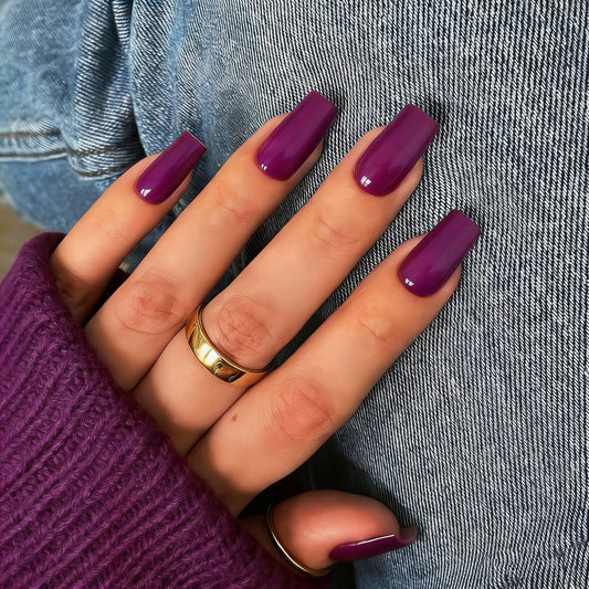 KQueenest Purple Press on Nails Long Medium Square, Berry Fake Nails Medium Coffin, Glossy Sheer Color Acrylic Nails Press ons, Reusable Dark Soft Gel Glue on Nails for Women DIY Manicure