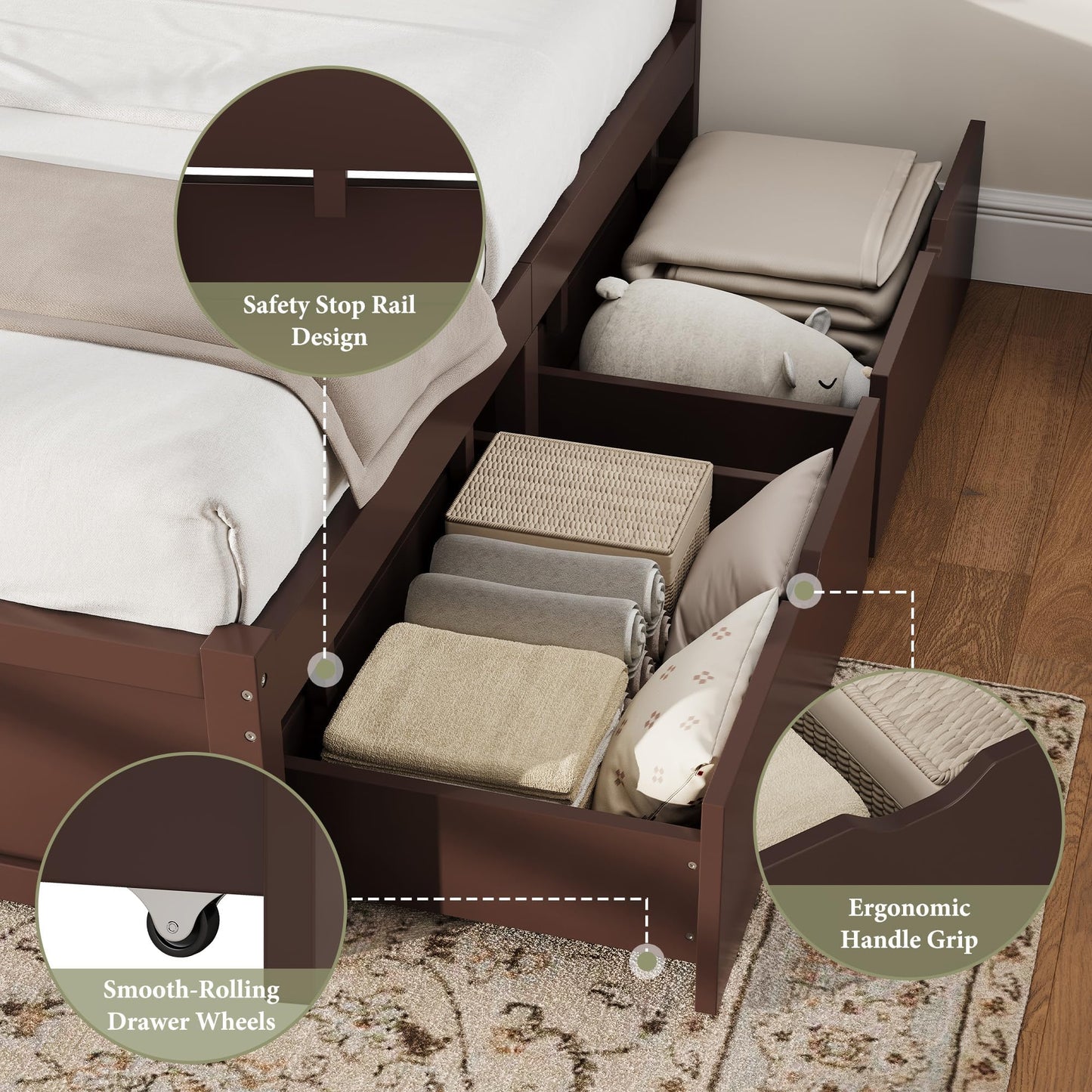 AMERLIFE Queen Size Solid Wood Bed Frame with 50" Tall Headboard, Mid-Century Modern Bed with Storage Drawers, Clean Wooden Platform Bed, 2 Side Drawers/No Box Spring Needed/Espresso Walnut