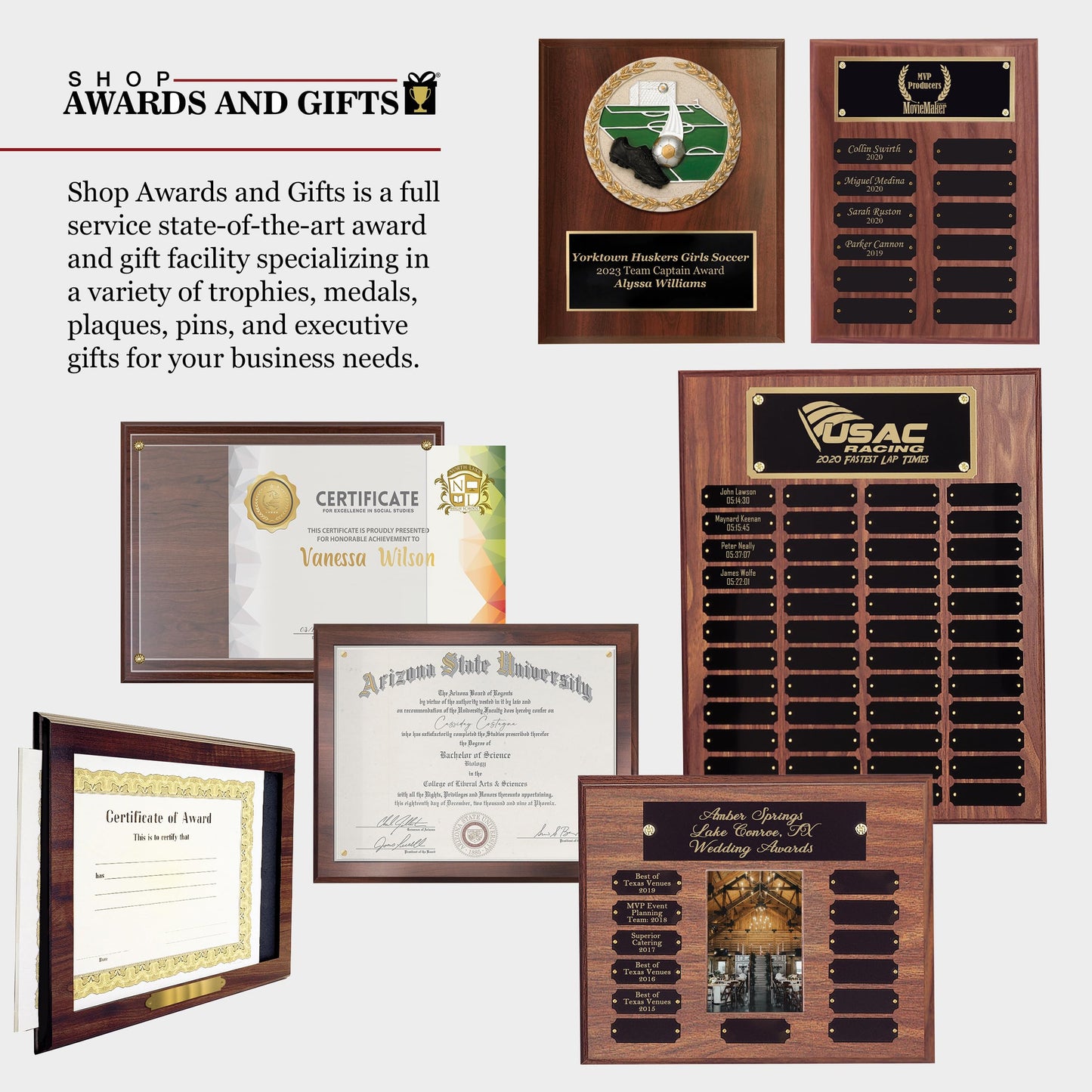 SHOP AWARDS AND GIFTS 12 x 16 Inch Perpetual Plaque Award Multiple Name Plate Board for Employee Appreciation, Recognition, Achievement, Walnut Finish with Black and Gold Header, 24 Name Plates