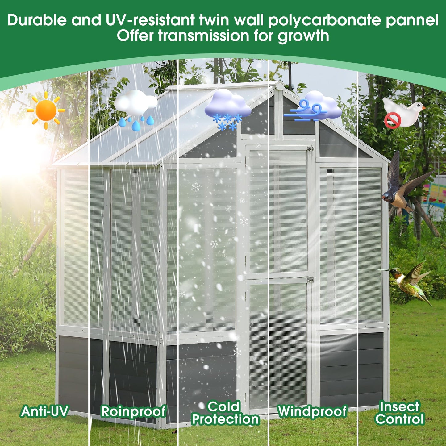Lovtimber Polycarbonate Greenhouse, Outdoor Walk-in Hobby Green House for Patio Backyard Lawn, Wooden Greenhouse Garden Shed for Plants, Grow House with Front Entry Door (76x48x86 in)