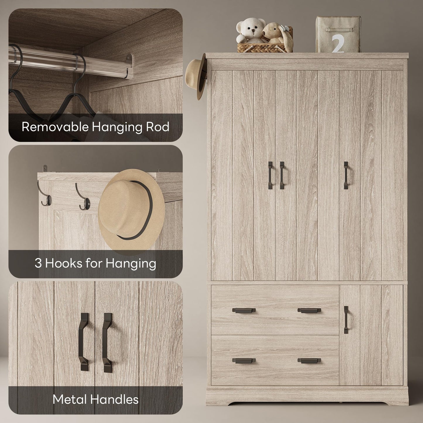 LIKIMIO Wardrobe Closet, 70" Tall 4 Doors Large Wooden Closet with 2 Drawers, 3 Shelves Bedroom Armoire with Hanging Rod, Freestanding Storage Cabinet for Hanging Clothes, Light Oak