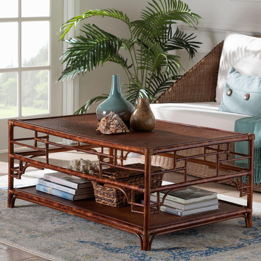 Bali & pari Sebalio Tortoise Natural Rattan Coffee Table with Open Shelf – Vintage Style Center Table for Living Room, Sunroom, or Coastal Living Space, 42-inch Wide, Marbled Tortoise Brown
