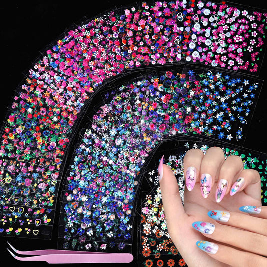 Teenitor 50 Sheets Flower Nail Stickers for Nail Art, Floral Nail Decals Nail Art Stickers for Kids, Butterfly Fingernail Stickers for Women, Cute 3D Self Adhesive Nail Decor for Spring Summer